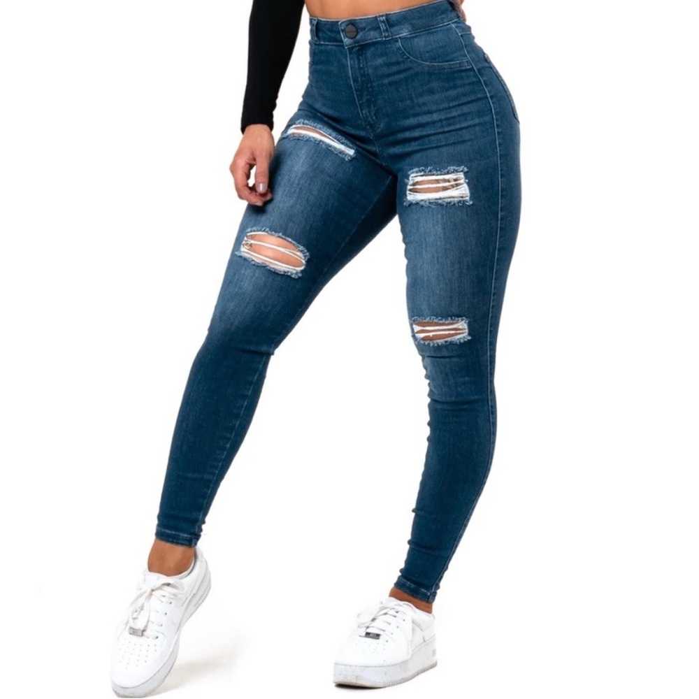 NEW L Women’s Regular 4 Hole Ripped High Waisted Fitjeans